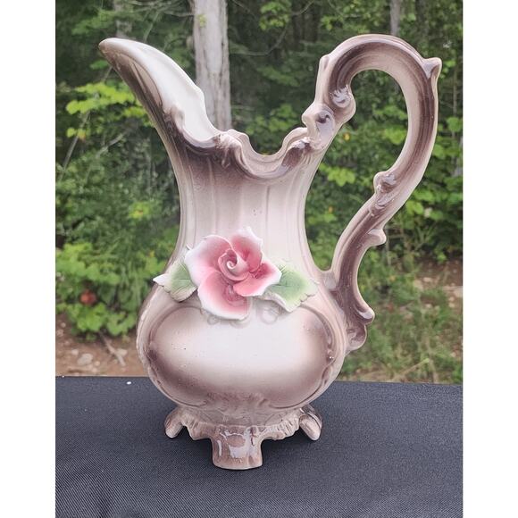Capodimonte Vintage Porcelain Pink Rose Large Pitcher Vase Ewer 13" Italy - Picture 1 of 8